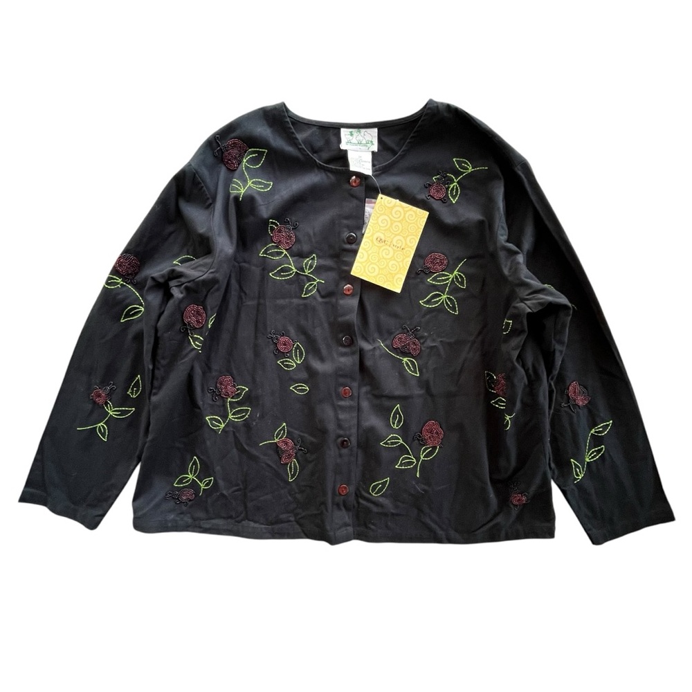 The Quacker Factory Women 2X Black Red Beaded Ladybug Button Front Blazer Blouse